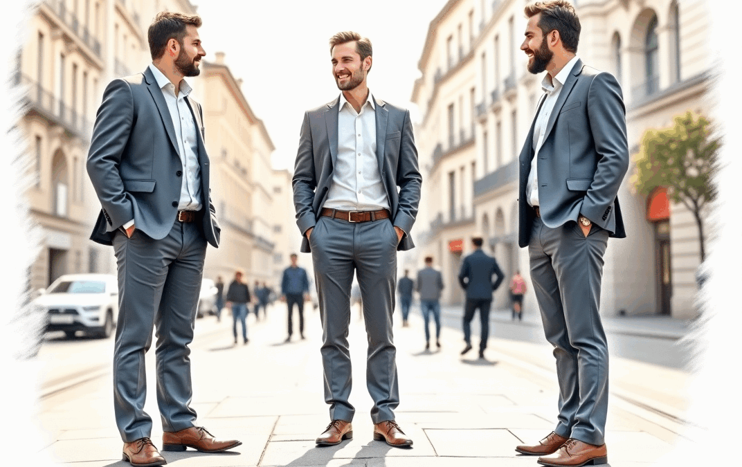 Three men in business suits engaging in conversation on a city street, representing themes of professional growth and networking in business consulting.