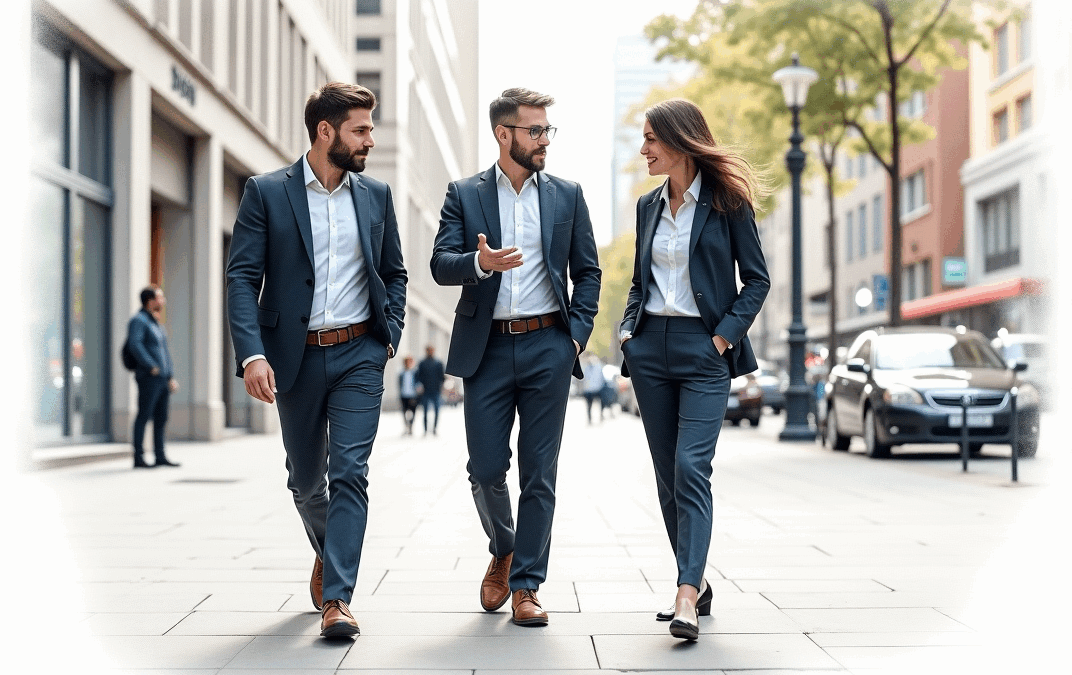 Business professionals in suits walking together on a city street, discussing strategies for growth and collaboration, reflecting themes of operational efficiency and consulting insights.