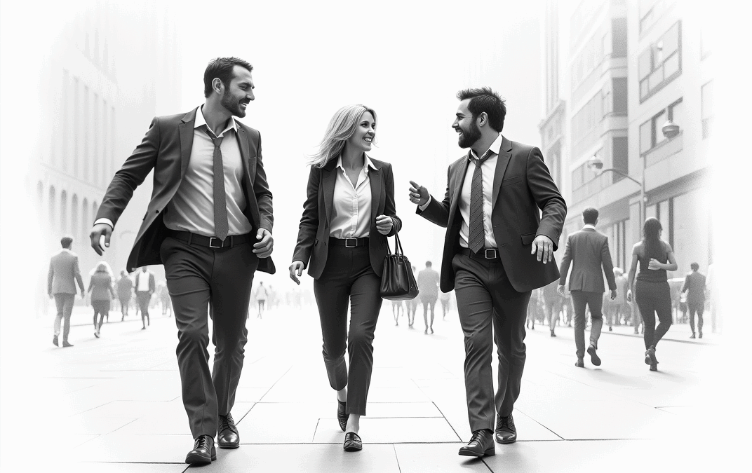 Business professionals in suits walking confidently in an urban environment, symbolizing operational efficiency and teamwork in business consulting.