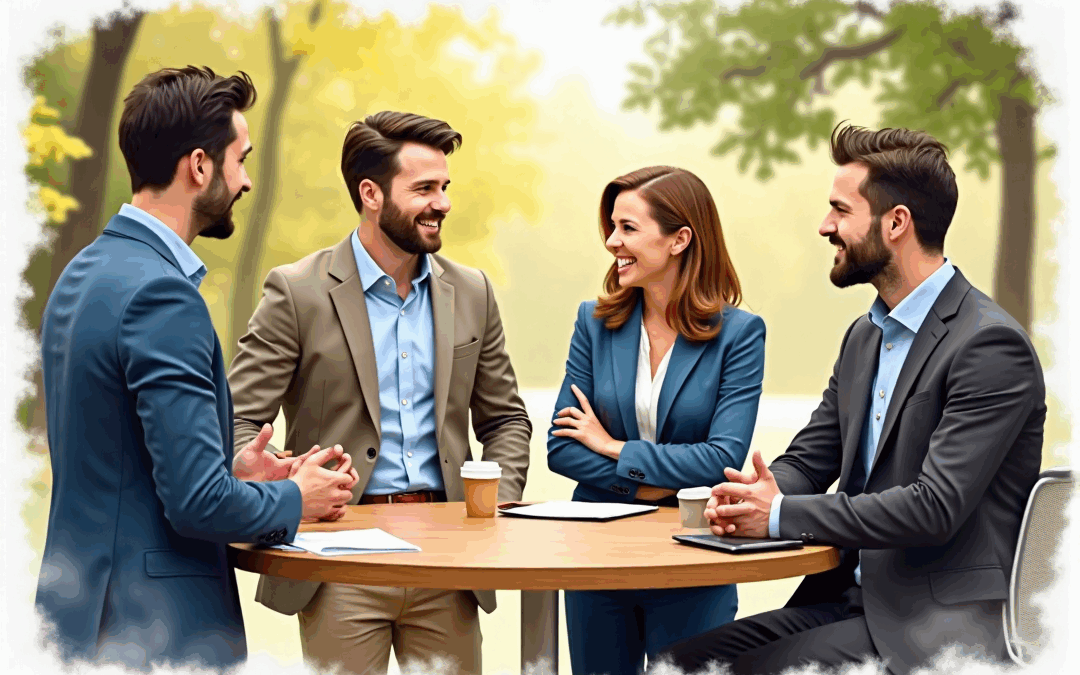 Group of business professionals engaging in discussion around a table, emphasizing collaboration and organizational development strategies in a natural outdoor setting.