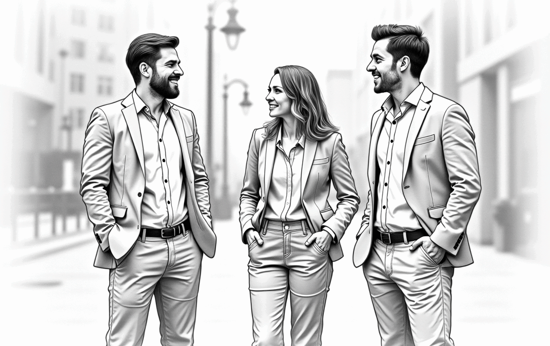 Business professionals in suits engaging in conversation on a city street, representing themes of organizational development and business growth strategies.