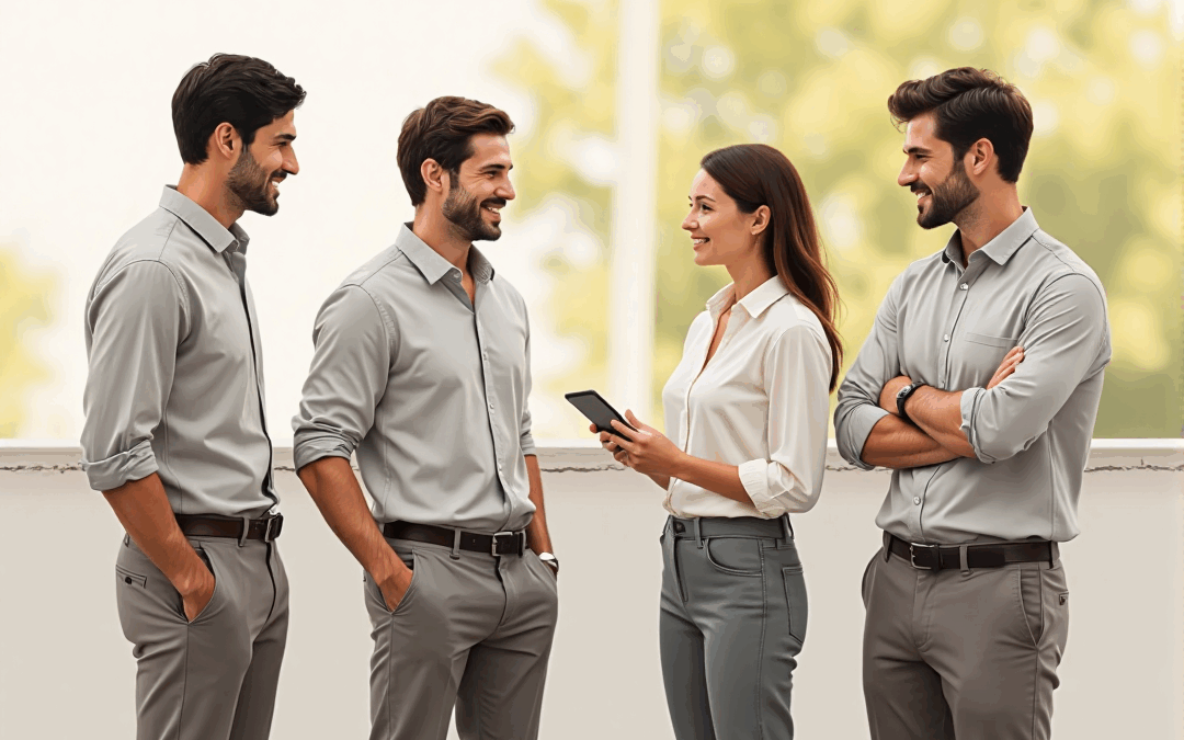 Group of four business professionals, two men and one woman engaging in discussion, with one man holding a smartphone, set in a bright outdoor environment, reflecting themes of collaboration and operational efficiency in business consulting.