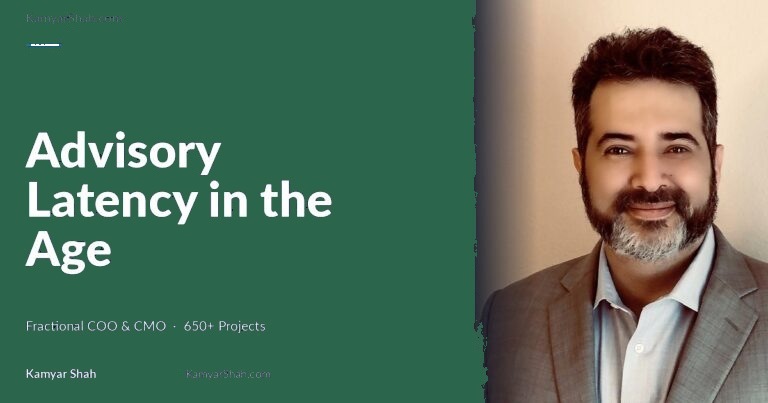 Hero banner: article title 'Advisory Latency in the Age of AI' on a dark blue panel beside a man in a gray suit smiling on the right.