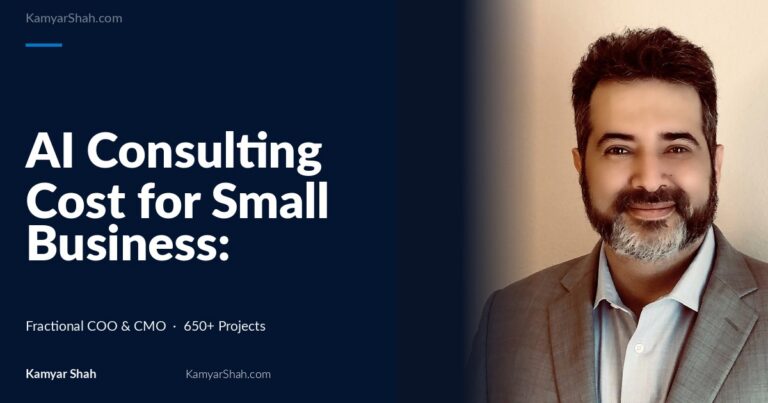 Hero banner: article title 'AI Consulting Cost for Small Business: Real Pricing' on a dark blue panel beside a man in a gray suit smiling on the right.