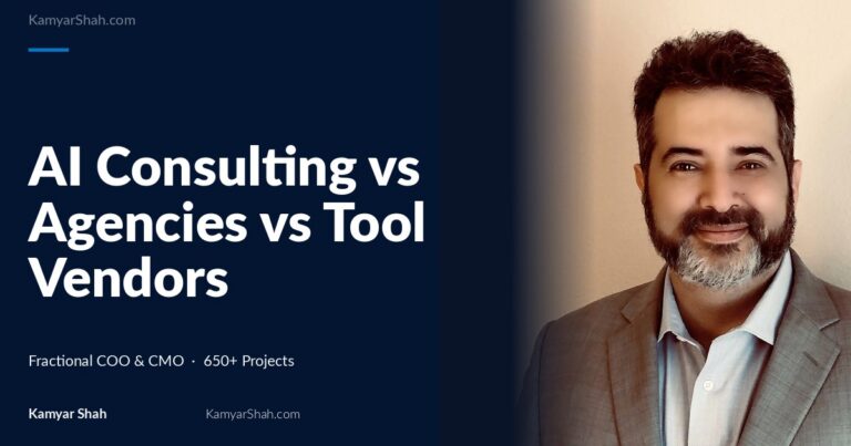 Hero banner: article title 'AI Consulting vs Agencies vs Tool Vendors' on a dark blue panel beside a man in a gray suit smiling on the right.
