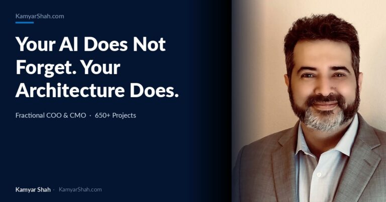 Hero banner with navy panel displaying the headline “Your AI Does Not Forget. Your Architecture Does.” and a man in a grey suit on the right.
