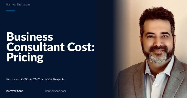 Hero banner: article title 'Business Consultant Cost: Pricing Models and ROI' on a dark blue panel beside a man in a gray suit smiling on the right.
