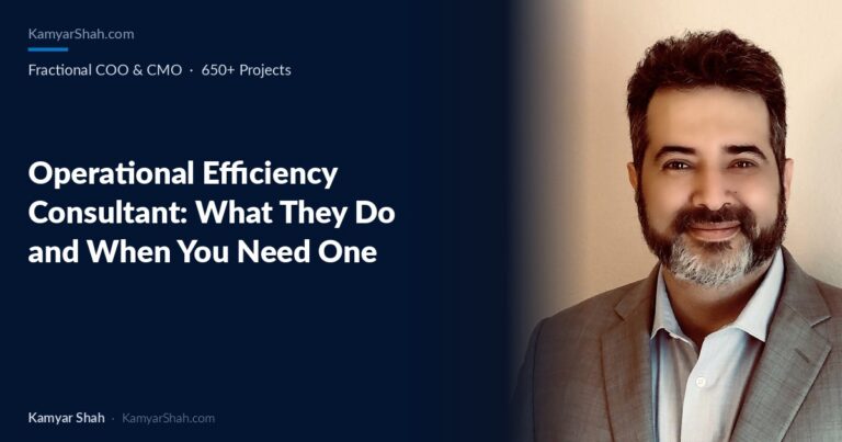 Portrait of a man in a gray blazer next to a dark blue brand panel, accompanying the article title “Operational Efficiency Consultant: What They Do and When You Need One.”