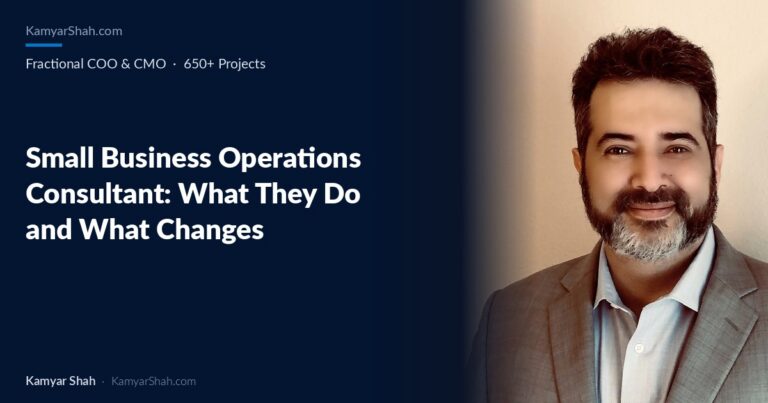 Hero banner: navy left panel with the title 'Small Business Operations Consultant: What They Do and What Changes' and a smiling man in a suit on the right.