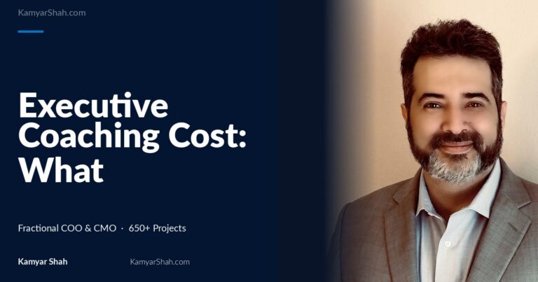 Hero banner: article title 'Executive Coaching Cost: What CEOs and Founders Pay' on a dark blue panel beside a man in a gray suit smiling on the right.