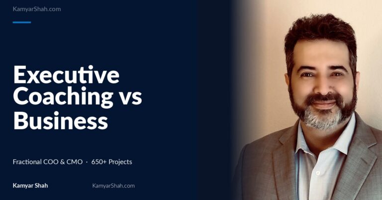 Hero banner: article title 'Executive Coaching vs Business Coaching: A Decision Guide' on a dark blue panel beside a man in a gray suit smiling on the right.