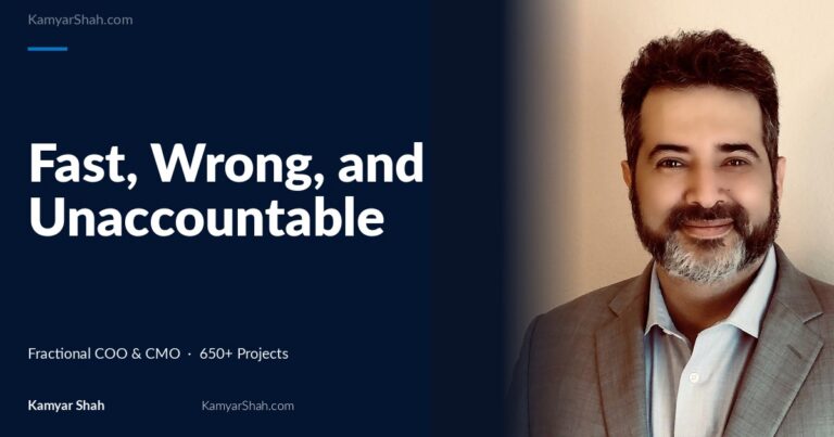 Hero banner: article title 'Fast, Wrong, and Unaccountable' on a dark blue panel beside a man in a gray suit smiling on the right.