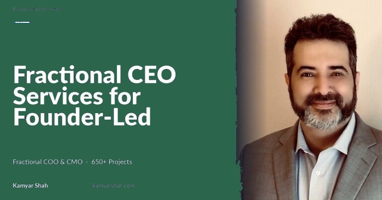 Hero banner: article title 'Fractional CEO Services for Founder-Led Companies' on a dark blue panel beside a man in a gray suit smiling on the right.