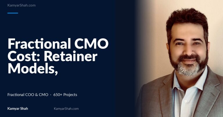 Hero banner: article title 'Fractional CMO Cost: Retainer Models, Hourly Rates, and ROI by Revenue Tier' on a dark blue panel beside a man in a gray suit smiling on the right.