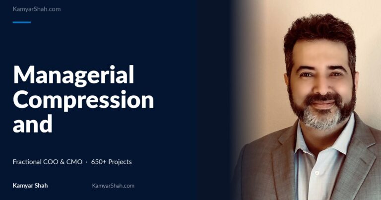 Hero banner: article title 'Managerial Compression and the Latency Ceiling' on a dark blue panel beside a man in a gray suit smiling on the right.