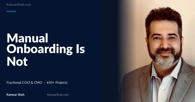Hero banner: article title 'Manual Onboarding Is Not a Compliance Choice' on a dark blue panel beside a man in a gray suit smiling on the right.
