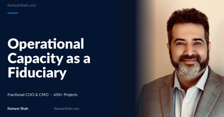 Hero banner: article title 'Operational Capacity as a Fiduciary Requirement' on a dark blue panel beside a man in a gray suit smiling on the right.