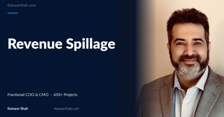Hero banner: article title 'Revenue Spillage' on a dark blue panel beside a man in a gray suit smiling on the right.
