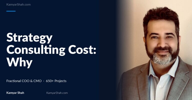 Hero banner: article title 'Strategy Consulting Cost: Why Companies Overpay 3-8x' on a dark blue panel beside a man in a gray suit smiling on the right.