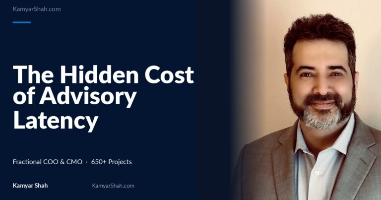 Hero banner: article title 'The Hidden Cost of Advisory Latency' on a dark blue panel beside a man in a gray suit smiling on the right.