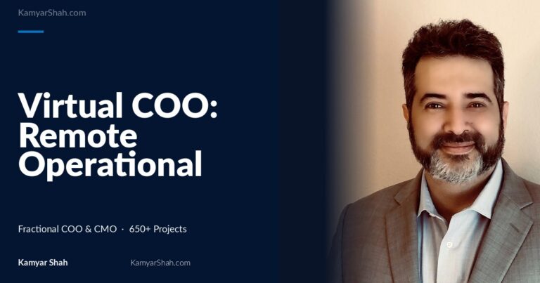 Hero banner: article title 'Virtual COO: Remote Operational Leadership for Growth-Stage Companies' on a dark blue panel beside a man in a gray suit smiling on the right.