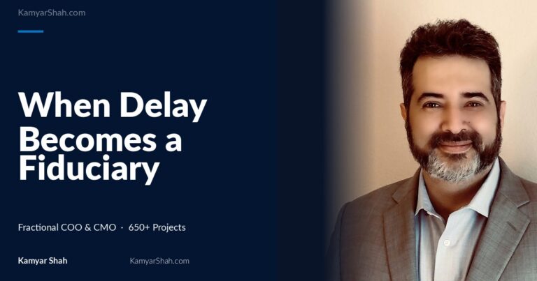 Hero banner: article title 'When Delay Becomes a Fiduciary Violation' on a dark blue panel beside a man in a gray suit smiling on the right.
