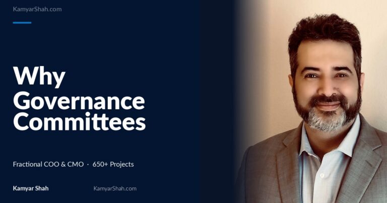 Hero banner: article title 'Why Governance Committees Increase Advisory Latency' on a dark blue panel beside a man in a gray suit smiling on the right.
