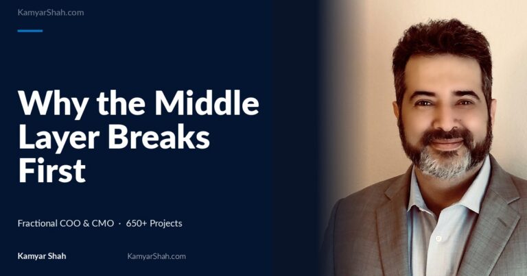 Hero banner: article title 'Why the Middle Layer Breaks First' on a dark blue panel beside a man in a gray suit smiling on the right.