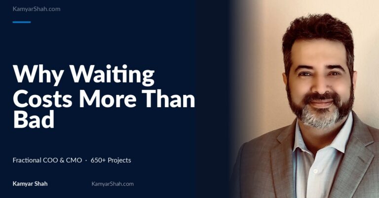 Hero banner: article title 'Why Waiting Costs More Than Bad Market Timing' on a dark blue panel beside a man in a gray suit smiling on the right.