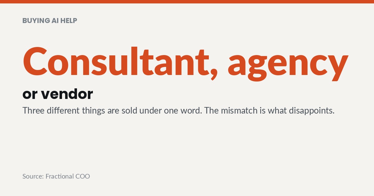 Consultant, agency or vendor. Three different things are sold under one word. The mismatch is what disappoints.