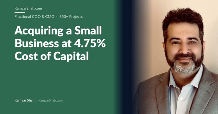 Hero banner: article title 'Acquiring a Small Business at 4.75% Cost of Capital' on a green background with Kamyar Shah's portrait on the right.