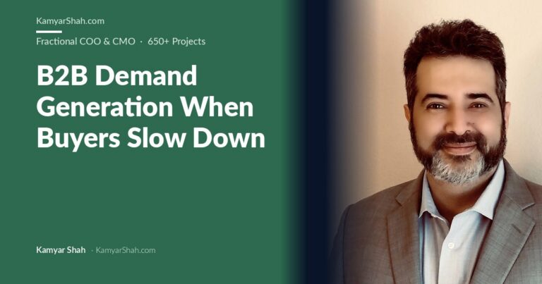 Hero banner: article title 'B2B Demand Generation When Buyers Slow Down' on a green background with Kamyar Shah's portrait on the right.